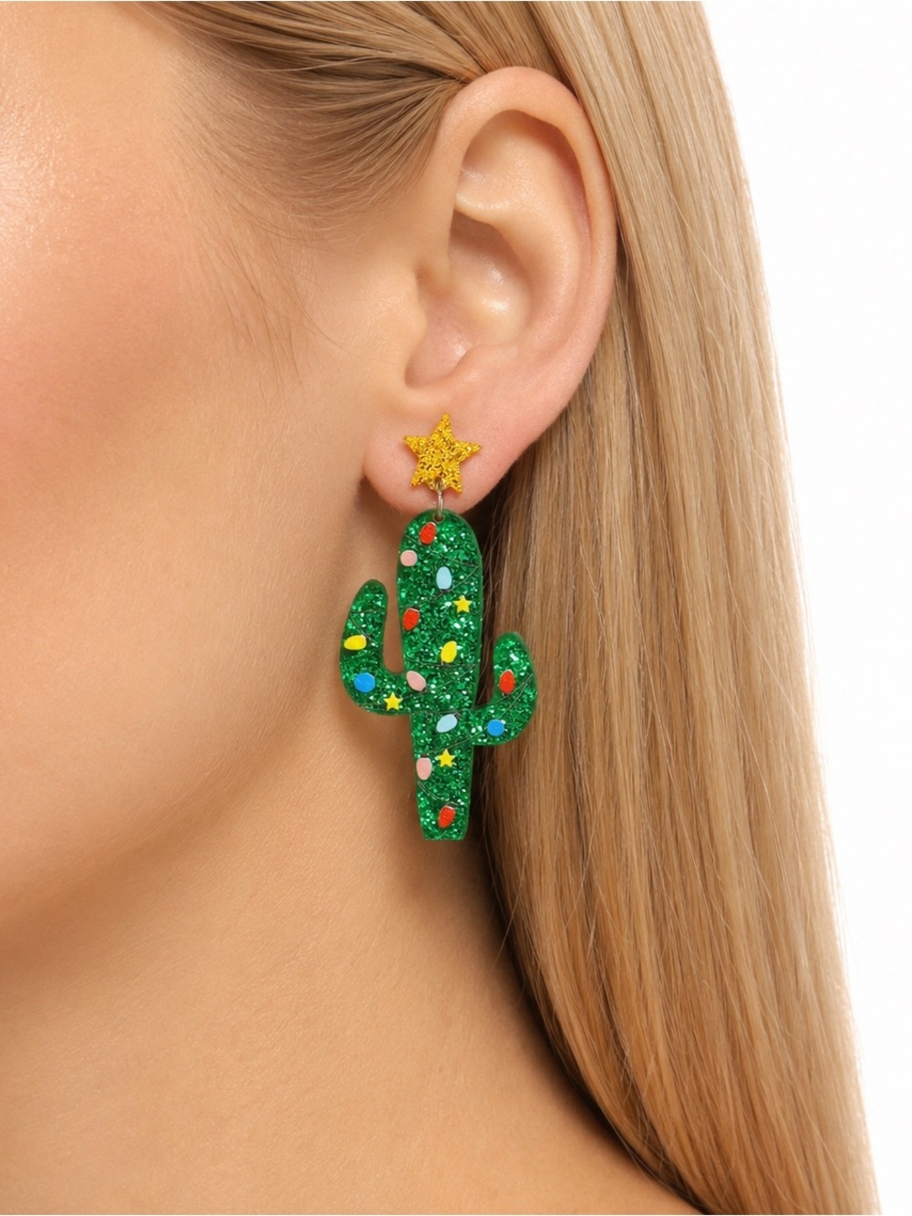 Christmas Cactus Glitter Dangle Earrings Gold Star Western Holiday Statement